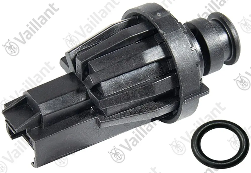Drucksensor von Vaillant mit Kunststoffgehäuse und gummiertem Dichtungsring, für die Verwendung in Heizungsanlagen zur Drucküberwachung.